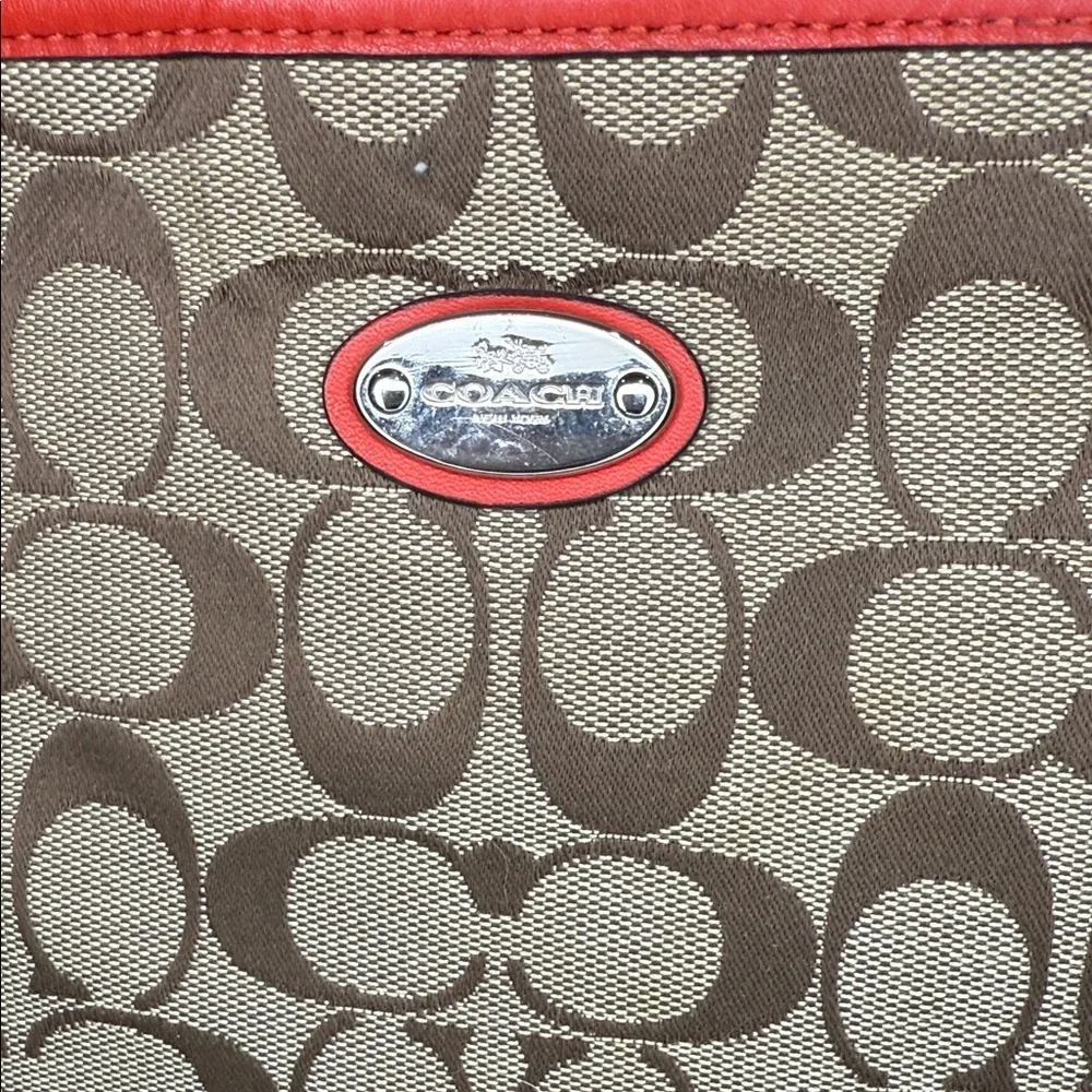 Coach Brown and Red Signature Shoulder Tote Bag-EUC